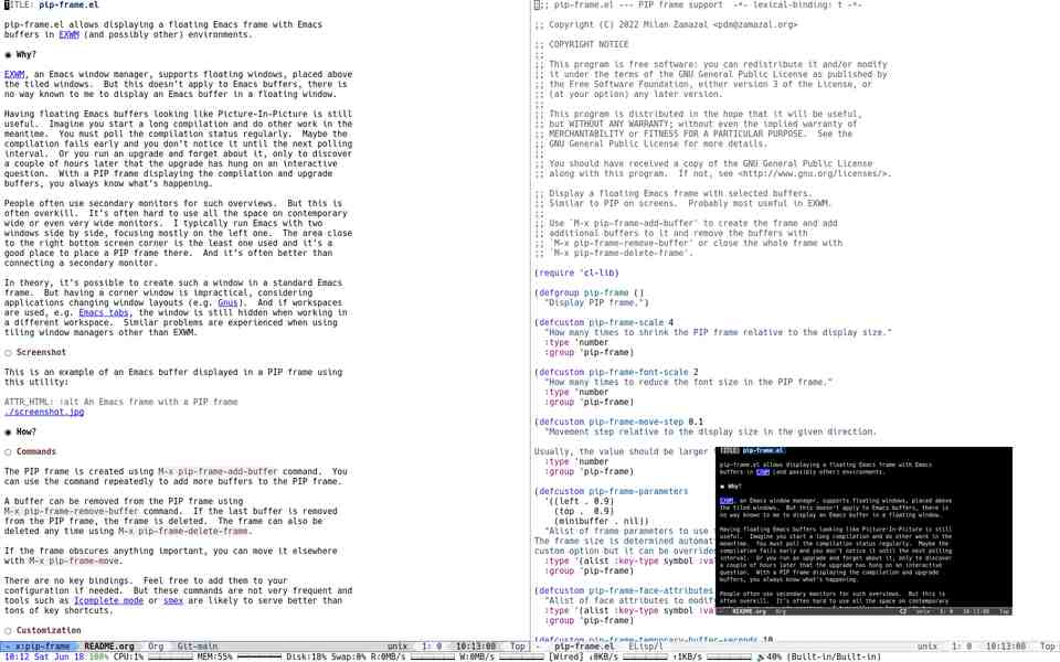 An Emacs frame with a PIP frame