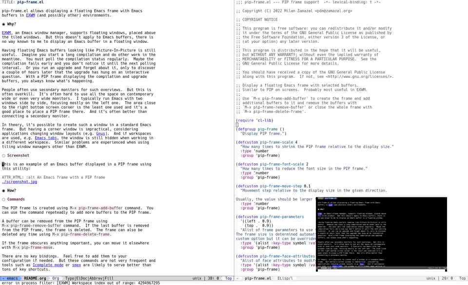 An Emacs frame with a PIP frame